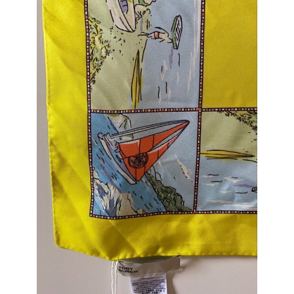 tory burch souvenir silk square scarf acid lemon 36"x36" yellow blue beach ocean - Picture 11 of 13